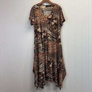 Attitudes by Renee Women Boho Animal Print Asymmetrical Maxi Dress Size XL Tiger